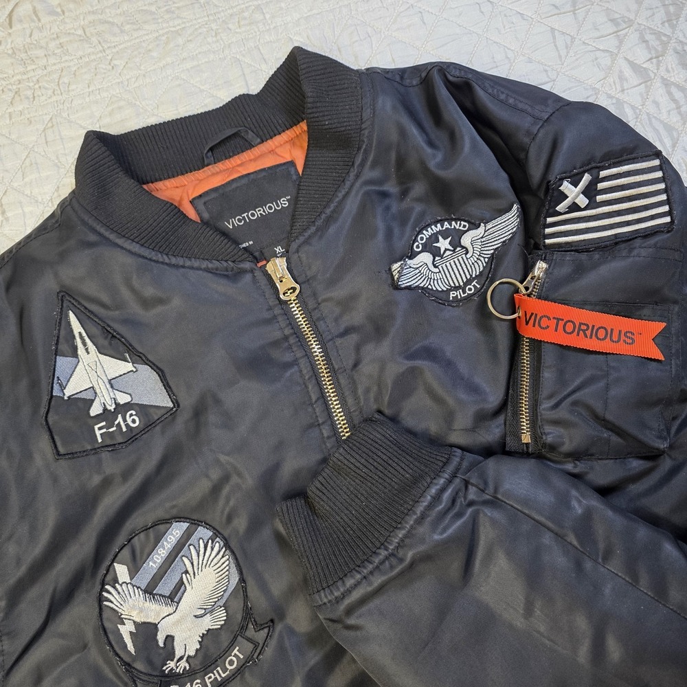 Victorious Men's XL Black Military-Style Bomber Jacket Air Force Patches